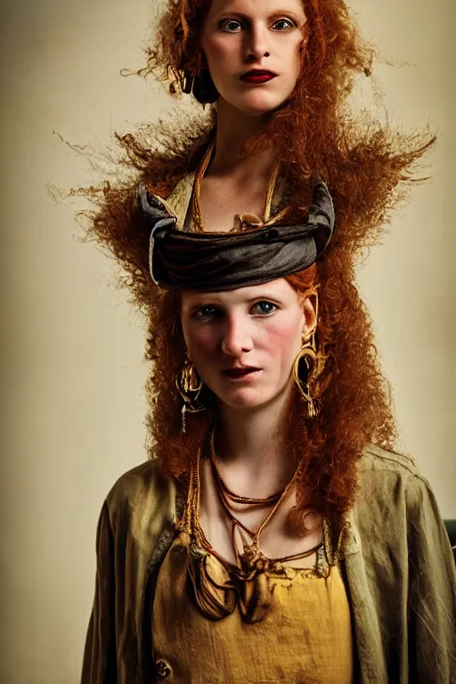 Prompt: beautiful 1 9 th century barbary coast pirate female model with amazing ginger hair and golden hooped earrings photography by steve mccurry