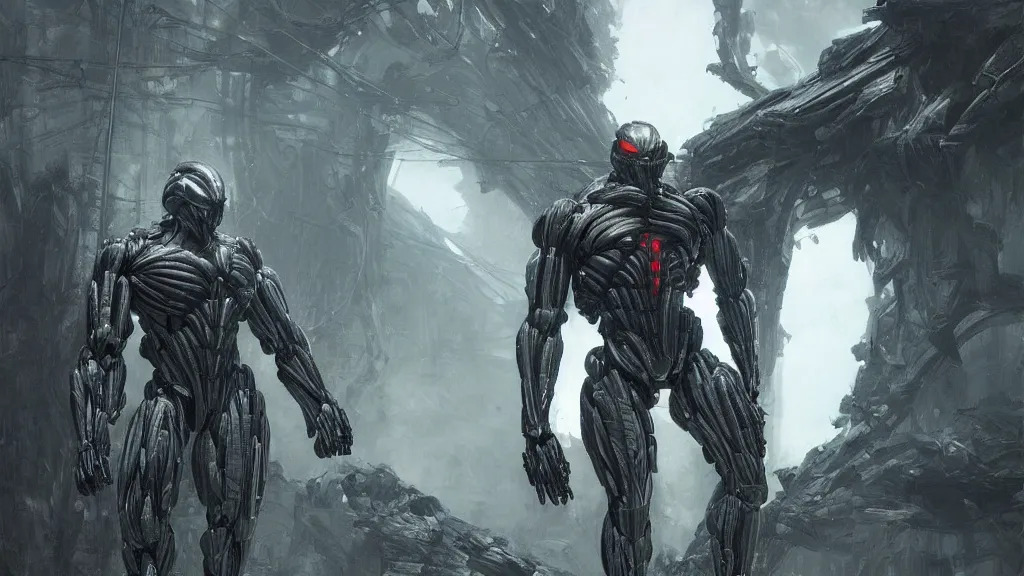 Prompt: crysis nanosuit with powerful biological muscle augmentation, machines, bleak, eerie atmospheric, at dawn, painted by tsutomu nihei, painted by artgerm and greg rutkowski