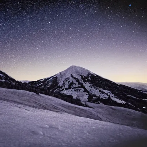 Prompt: calming relaxing snowy mountain silhouetted against a dark starry night sky from a distance