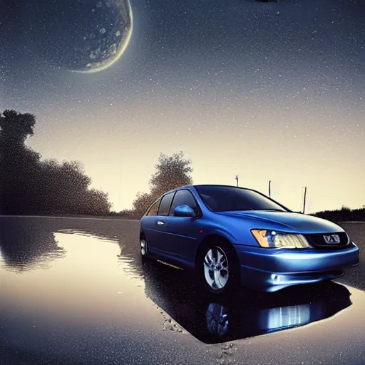 Prompt: 2003 blue Honda Accord leaking large puddle of oil onto driveway, midnight, moonlight, stark lighting, reflective puddle, pool, oil, by Scott Listfield and Mikko Lagerstedt