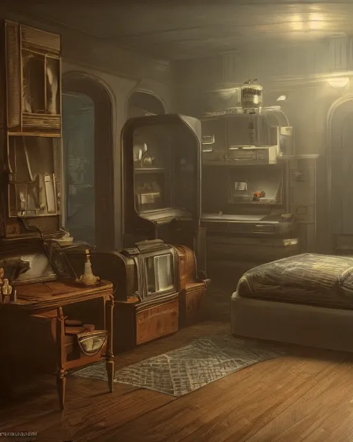 Image similar to artstation scifi scene of a shabby american room in 1 9 2 0 s, lounge furniture, large terrarium, beds, paneled walls, unreal engine 5, hyper realism, realistic shading, cinematic composition, blender render, octane render, hdr, detailed textures, photorealistic, wide shot