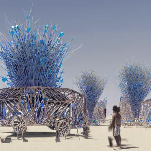 Image similar to highly detailed 3d render of burning man festival sculpture made of cornflowers by Beeple