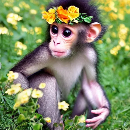 Prompt: cute baby monkey with flower crown