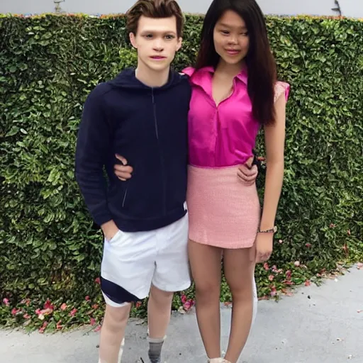 Image similar to Tom Holland with his arm around with a serious Filipina college girl