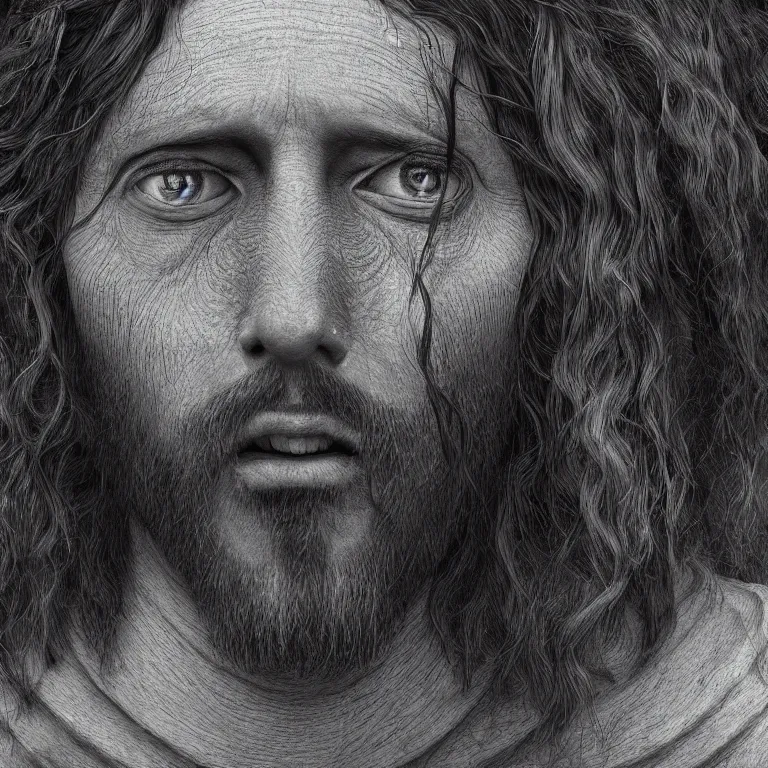 Image similar to surreal portrait of Jesus Christ by Shintaro Kago, beautiful detailed intricate insanely detailed BW 3D render digital art, octane render, 8K artististic portrait photography