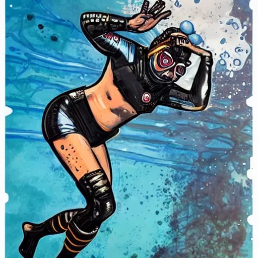 Image similar to full body painting of an underwater diver, by MARVEL comics and Sandra Chevrier