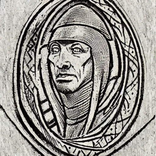 Prompt: medieval character stamp in medieval style by frank godwin and moebius, ink outline, charcoal on paper, exlibris, rubber stamp