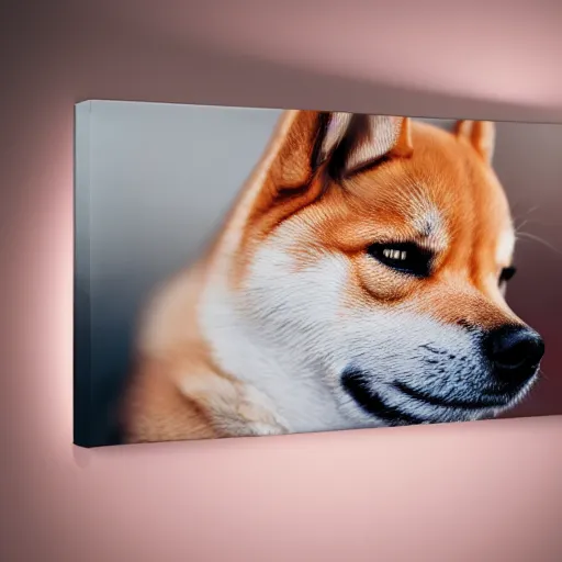 Prompt: a close - up professional depth of field studio photograph of a canvas with a shiba inu painted on it, realistic, professional photo, professional lighting, studio lighting, hyperdetailed