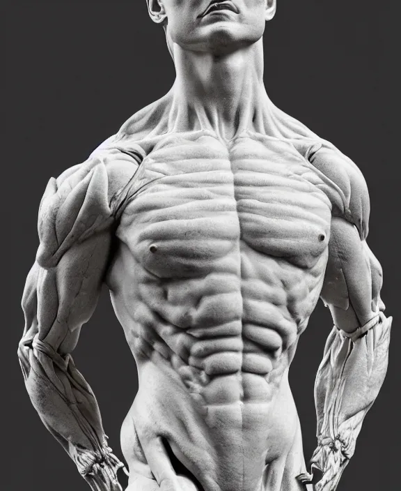 Image similar to a hyper-detailed marble statue of Tom Cruise; anatomically correct; an extraordinary masterpiece!!!; flawless; fearful posture; photorealistic eyes; trending on artstation; f/1.4; 90mm