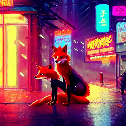 Image similar to splash art of cute female anthropomorphic vulpes vulpes fox sitting by a noodle stand in the crowded street of a cyberpunk city, rain, cyberpunk clothes, bright neon lights, atmospheric : by weta, greg rutkowski, wlop, ilya kuvshinov, rossdraws, artgerm, octane render, liosh, mucha