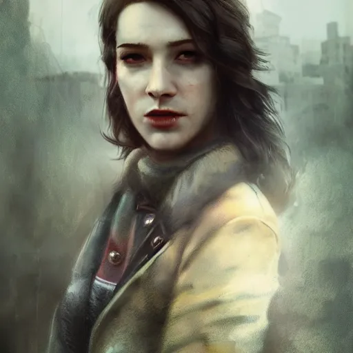 Image similar to fallout 5, charismatic beautiful rugged brunette female protagonist, portrait, outdoors ruined cityscape, atmospheric lighting, painted, intricate, volumetric lighting, beautiful, daytime, slight overcast weather, sharp focus, deep colours, ultra detailed, by leesha hannigan, ross tran, thierry doizon, kai carpenter, ignacio fernandez rios