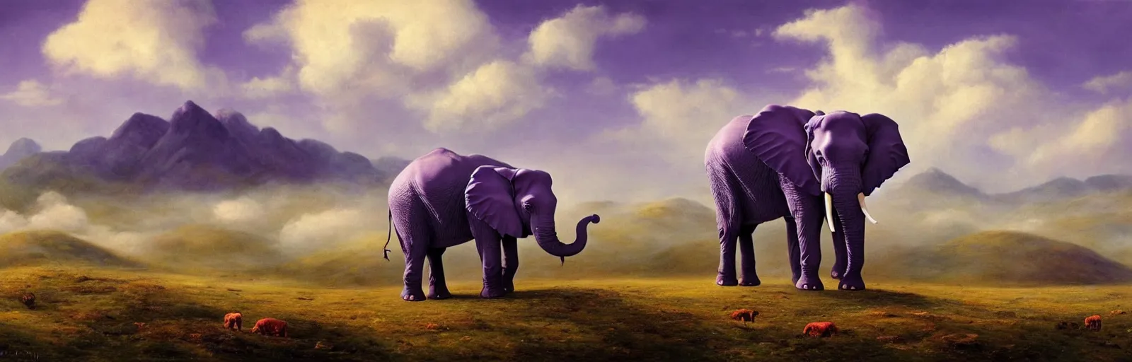 Image similar to A purple elephant standing in a field of clouds, mountains in the background, illustration, detailed, smooth, soft, warm, by Adolf Lachman, Shaun Tan, Surrealism