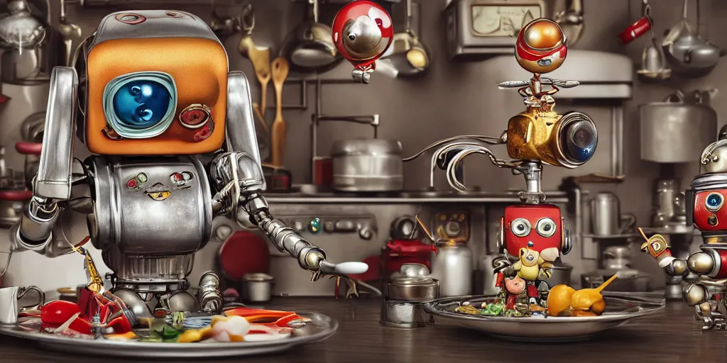 Prompt: closeup portrait of tin toy retro robot chef in a kitchen, depth of field, zeiss lens, detailed, centered, fashion photoshoot, by nicoletta ceccoli, mark ryden, lostfish, breathtaking, 8 k resolution, extremely detailed, beautiful, establishing shot, artistic, hyperrealistic, octane render