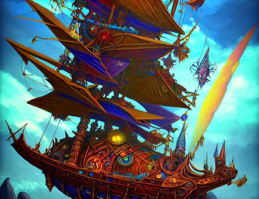 Image similar to the flying spelljammer galleon soars through the planes, amazing d & d planescape style art, trending on artstation, colorful, intricate, art by kev chan, fantasypunk, deep colors, cgsociety