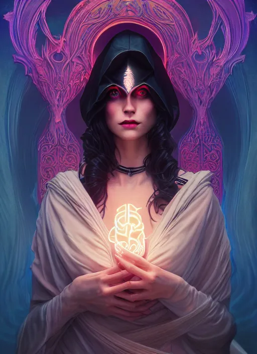 Image similar to book cover, front portrait, dark witch with black hood and evil eyes, realism, soft, smooth, luminescent, art nouveau tarot, backlit glow, colorful swirly ripples, gaudy colors, aesthetic octane render, unreal engine, 8 k, by artgerm, greg rutkowski, alphonse mucha