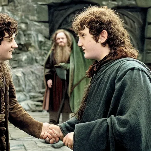 Image similar to frodo baggins meeting hagrid in hogwarts