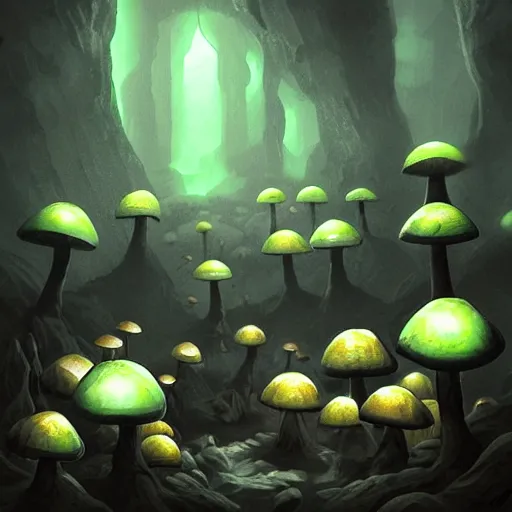 Image similar to a dark cave with glow - in - the - dark mushrooms, artstation, illustration