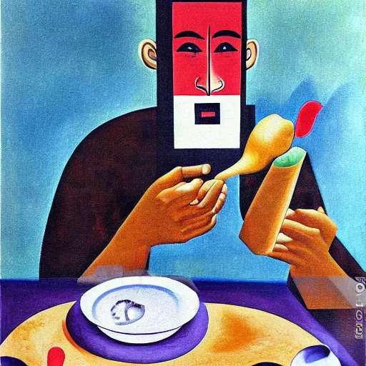 Image similar to surrealist painting, chinese man eating noodles, cubism