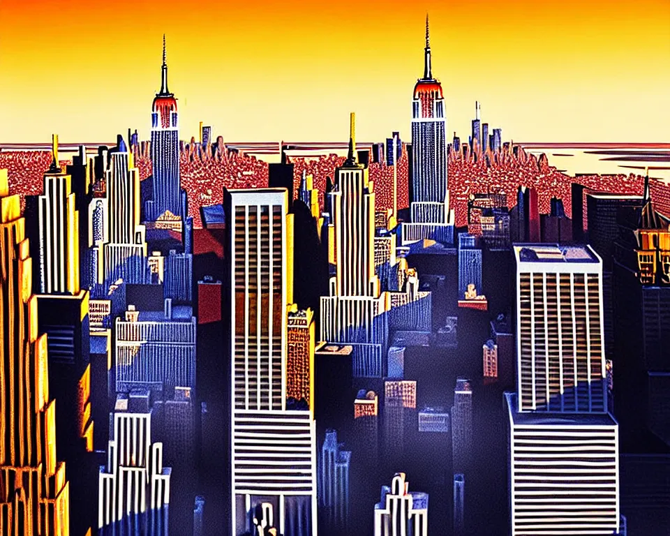 Image similar to new york in the future, empire state building, statue of liberty, city streets, golden hour, perspective artwork, photorealism