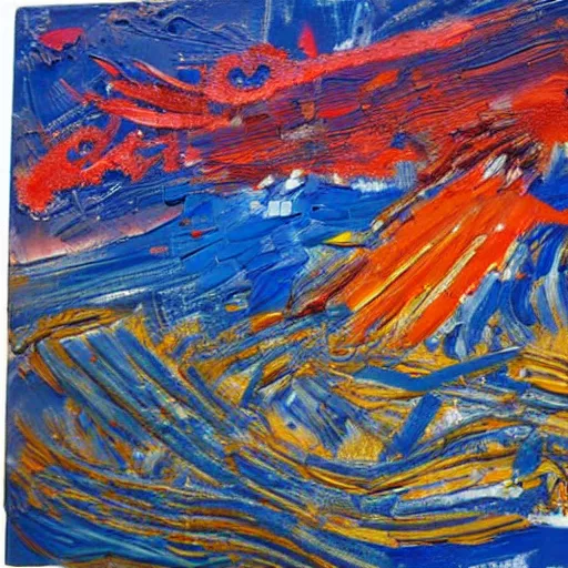 Image similar to oil paint impasto relief, italian blue mountain with fireworks, multi layered thick brush marks, some splattered paint, in the style of frank auerbach and monet and redon