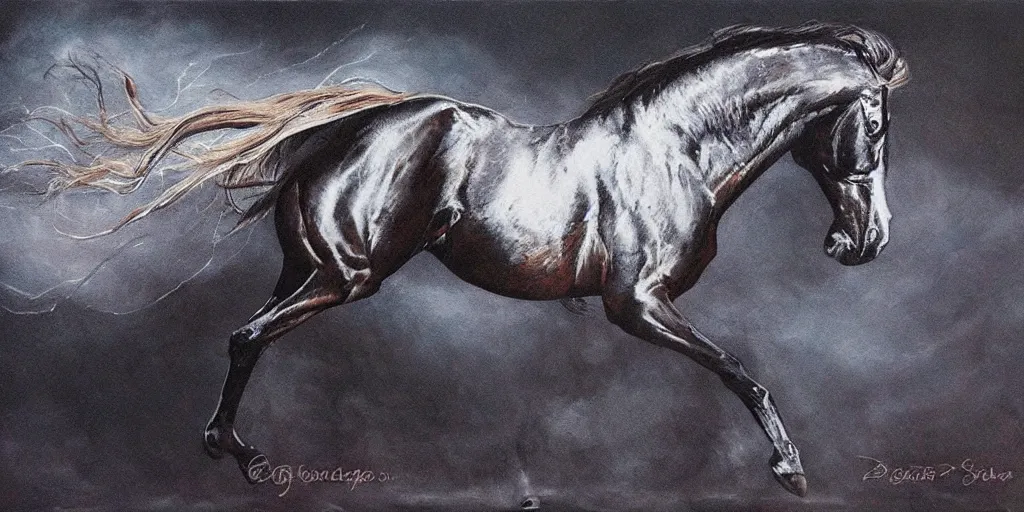 Prompt: black eight legged horse lightning for eyes, majestic, powerful, extreme detail, fine art, oil painting