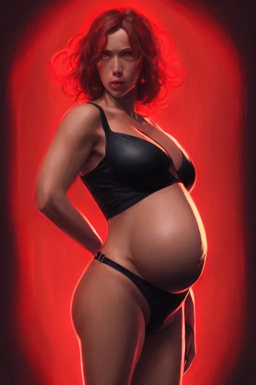 Prompt: pregnant black widow in a red and black bikini, realistic portrait, symmetrical, highly detailed, digital painting, artstation, concept art, smooth, sharp focus, illustration, cinematic lighting, art by artgerm and greg rutkowski and alphonse mucha