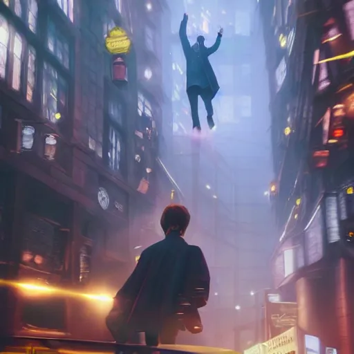 Prompt: harry potter hovering on his magic nimbus through cyberpunk street, raining cheese, photorealistic, cinematic lighting