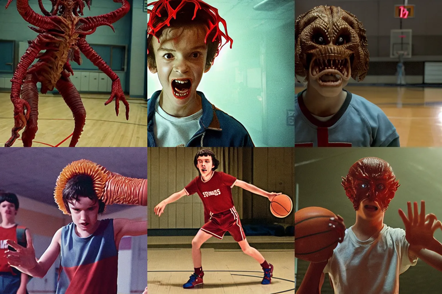 Prompt: Photo of the Demogorgon from Stranger Things playing basketball