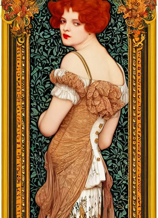 Image similar to masterpiece beautiful seductive curvey pose preraphaelite portrait photography, hybrid of judy garland and zooey deschanel, straight jagged fringe, yellow ochre ornate medieval dress, william morris and kilian eng and mucha, framed, 4 k