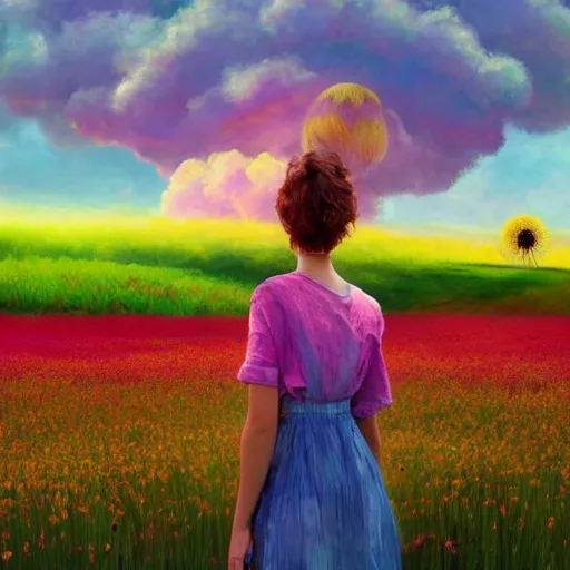 Image similar to giant daisy flower in front of head, full body girl walking in a flower field, surreal photography, sunrise, dramatic light, impressionist painting, colorful clouds, digital painting, artstation, simon stalenhag