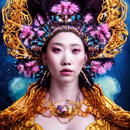 Image similar to a beautiful empress portrait, with a brilliant, impossible striking big cosmic galaxy headpiece, clothes entirely made out of cosmos chaos energy, symmetrical, dramatic studio lighting, rococo, baroque, jewels, asian, hyperrealism, closeup, D&D, fantasy, intricate, elegant, highly detailed, digital painting, artstation, octane render, 8k, concept art, matte, sharp focus, illustration, art by Artgerm and Greg Rutkowski and Alphonse Mucha