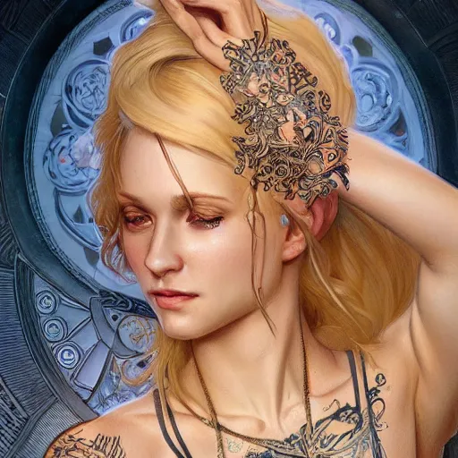 Image similar to ultra realistic illustration, a hot and beautiful tattooed blonde slavic woman in her 3 0's, intricate, elegant, highly detailed, digital painting, artstation, concept art, smooth, sharp focus, illustration, art by artgerm and greg rutkowski and alphonse mucha