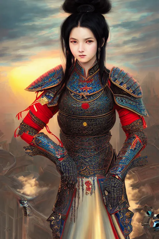 Prompt: portrait black hair young knights of Dynasty Warriors girl, metallic red armor, in ruin chinese temple rooftop sunset, ssci-fi and fantasy, intricate and very beautiful and elegant, highly detailed, digital painting, soft light, artstation, concept art, smooth and sharp focus, illustration, art by tian zi and WLOP and alphonse mucha