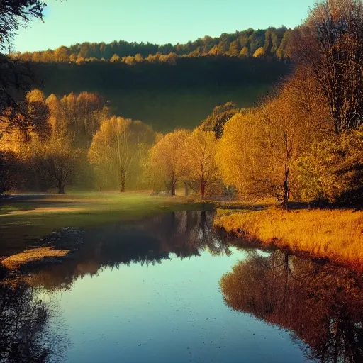 Image similar to Beautiful cameraphone, soft liminal Photograph of an estate road, early morning, small flat lake in the background