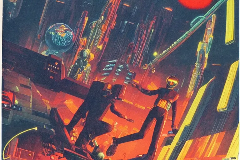 Image similar to 1979 OMNI Magazine Cover of a ripper-doc. Cyberpunk Akira style by Vincent Di Fate