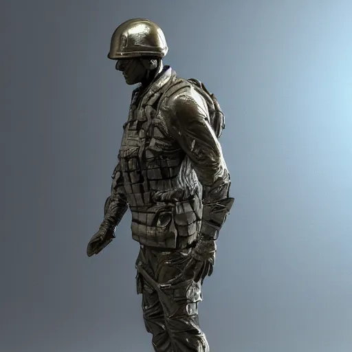 Prompt: 3 d render melted military soldier, sculpture, chrometype, liquid metal, neotribal, raytraced, volumetric lightning, 8 k by wlop, innate studio h - 1 0 0 0 w - 1 0 0 0