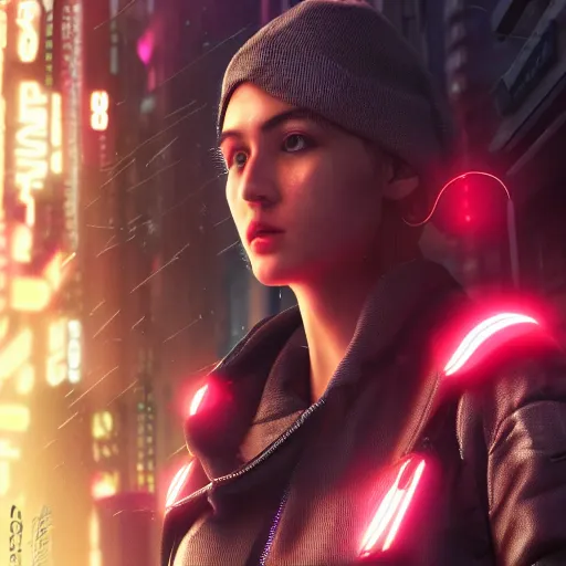 Image similar to ultra realistic and intricate detailed photograph of a cyberpunk woman in streets, neon, cyberpunk, technology, innovation, bright modern style, blade runner, artstation, unreal render, depth of field, ambient lighting, award winning, stunning