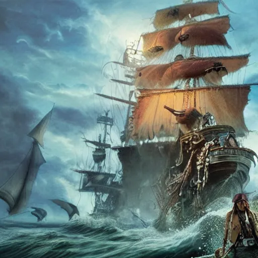 Prompt: a hyperrealistic illustration of Captain Jack Sparrow as Davy Jones, Davy Jones with Tentacles, Face hybrid of Davy Jones and Jack Sparrow, Pirates of the Caribbean Ship with fractal sunlight in the Background