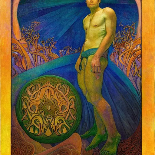 Prompt: the flower prince, by jean delville and donato giancola and nicholas roerich, and diego rivera, and leo and diane dillon, symbolist, tattoos, dramatic lighting, elaborate geometric ornament, art brut, god rays, soft cool colors, smooth, sharp focus, extremely detailed