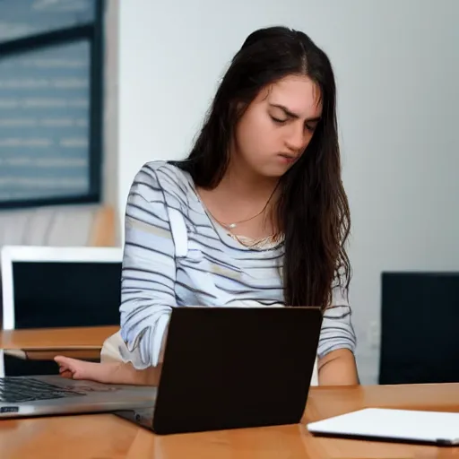 Image similar to photo of a young woman struggling to buy an apple laptop online