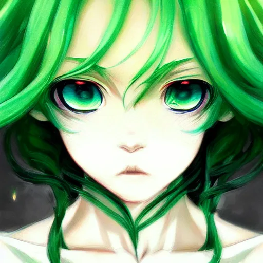 Image similar to detailed portrait art of tatsumaki with green curly hair, art by ross tran ilya kuvshinov krenz cushart, very detailed, intricate, digital anime art, sharp focus