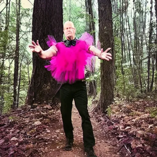 Image similar to drunk Bruce Willis wearing only a punk tutu and make up, lost in the woods, caught on a trail cam