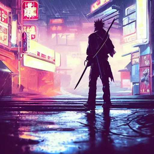 Image similar to illustration of a worn out samurai with katana in his hands that got time travelled to a futuristic colonized Martian city, rainy day, neon glow concept art, sharp focus, cyberpunk 2077, scifi, octane render, art by Ilya Kuvshinov, wallpaper, highly detailed, anime key visual, warm colors, epic landscape, HD digital art, artstation