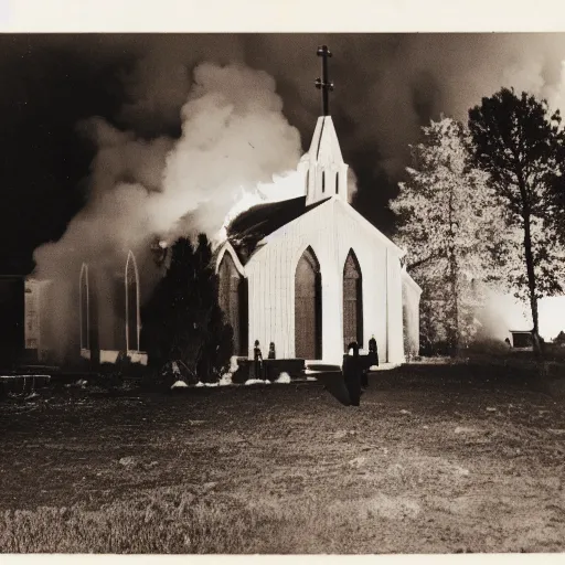 Image similar to photograph of a small protestant church burning, john paul ii standing in front of it, night, pitch black