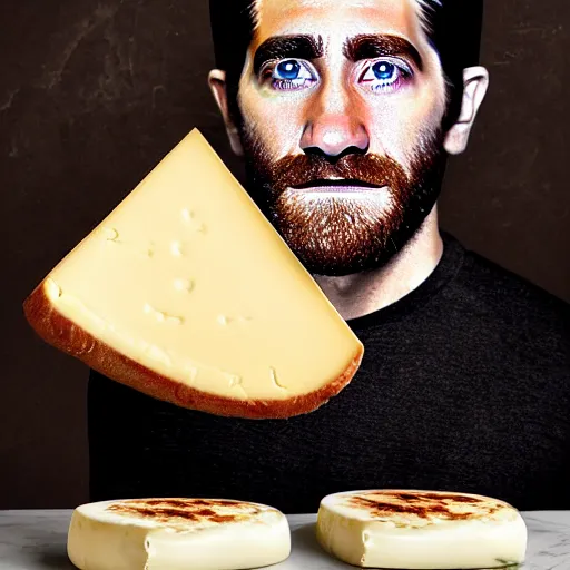 Image similar to food photography of jake gyllenhaal's face fused with halloumi cheese ( ( white halloumi cheese hybrid with jake gyllenhaal face ) ), jake gyllenhaal sentient cheese face fashioned from halloumi, by greg rutkowski