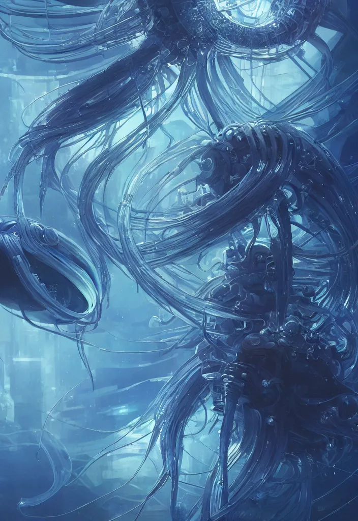 Image similar to Panorama hyper detailed painting of a cyberpunk jellyfish, blue tones, underwater, 8 mm, highly detailed, digital painting, artstation, concept art, smooth, sharp focus, illustration, art by artgerm and greg rutkowski and alphonse mucha