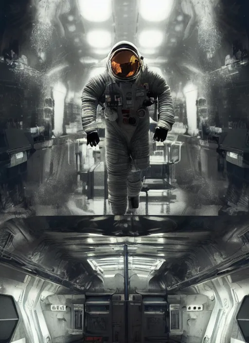 Prompt: complex poster art by craig mullins astronaut in futuristic dark and empty spaceship underwater. infrared glowing lights. complex and hyperdetailed technical suit. reflection and dispersion materials. rays and dispersion of light. volumetric light. 5 0 mm, f / 3 2. noise film photo. flash photography. octane render. interstellar movie poster