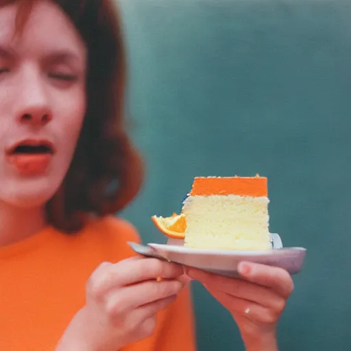 Prompt: woman eating orange cake, color film photography, 5 0 mm film