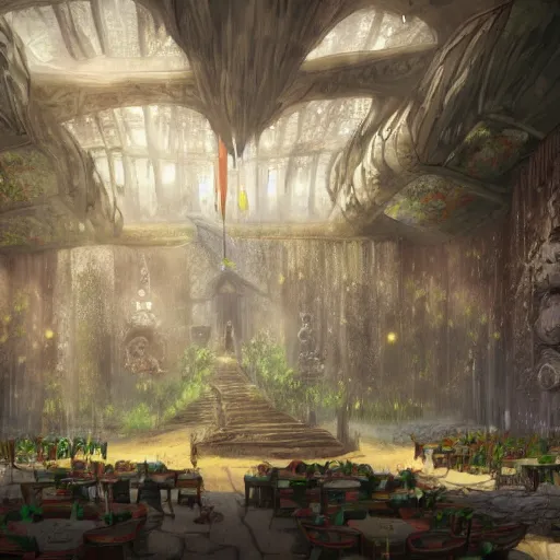 Prompt: interior of the banquet hall in the tribal cloud village, fantasy concept art, 4k