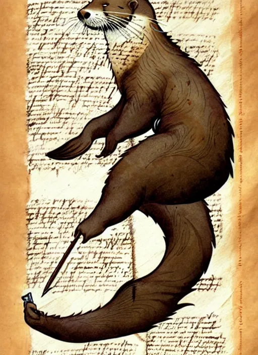 Image similar to a heroic otter scout with spear on a parchment background, redwall, greg rutowski and jean baptiste monge, detailed, epic fantasy concept art